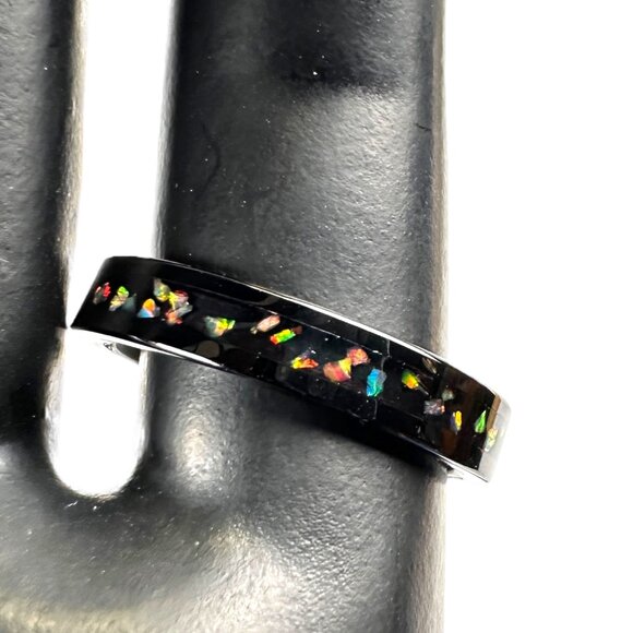 Black Tungsten Carbide Ring With Rainbow Opal Inlay For Men & Women - 6mm Width - Picture 2 of 9